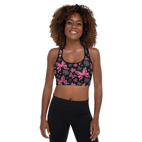 WOMENS PADDED SPORTS BRA BUTTERFLY FLORAL THE SUCCESS MERCH Black XS 